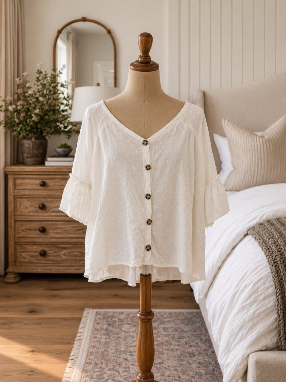 Adora XL White Ladies Button Down Flowy Boho Top
